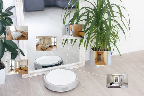 Chytré Domácí Aplikace Robotické Vysavače Podlahy Pozadí Moderním Obývacím Pokoji — Stock fotografie