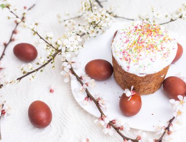 Paskalya kompozisyonu. Çiçekli bir kayısı dalı, boyanmış yumurtalar ve şeker parçacıklarıyla süslenmiş paskalya pastası..