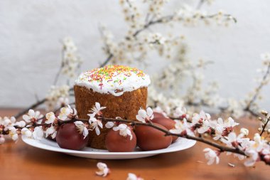 Paskalya kompozisyonu. Çiçekli bir kayısı dalı, boyanmış yumurtalar ve şeker parçacıklarıyla süslenmiş paskalya pastası..