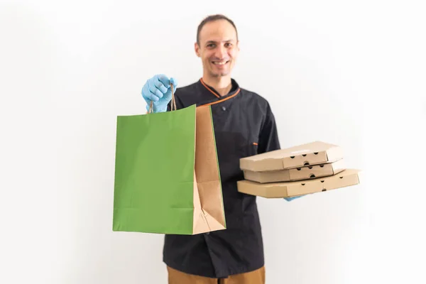 Food Delivery Man Wear Gloves Cleanliness Hygiene Protect Pandemic Outbreak — Fotografia de Stock
