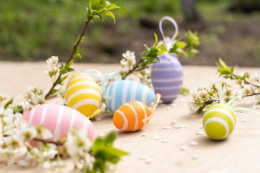 Easter decorative composition with painted eggs, flowering branches clipart