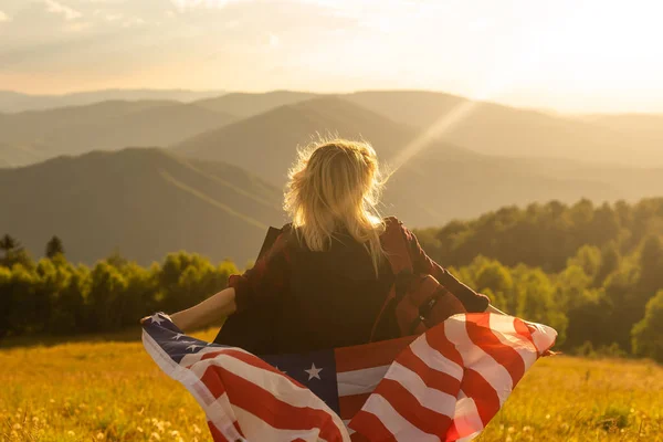 Young Woman Holding American Flag Sky Background — Foto de Stock