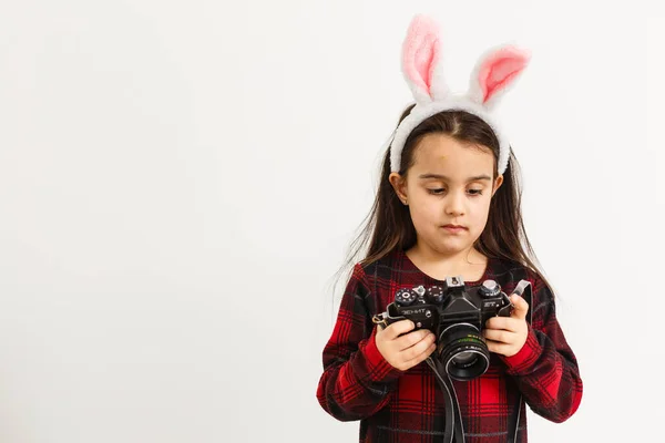 Frohe Ostern Konzept Ein Nettes Kleines Mädchen Mit Rosa Hasenohren — Stockfoto