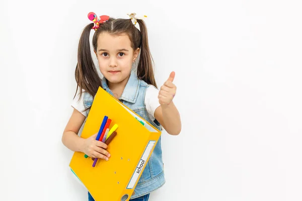 Onnellinen Suloinen Pieni Koulutyttö Kantaen Koululaukkua Kirjoja Hymyillen Koulutuksessa Takaisin — kuvapankkivalokuva
