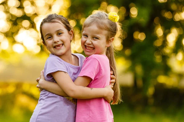 Twee Gelukkige Kleine Zusters Het Veld — Stockfoto