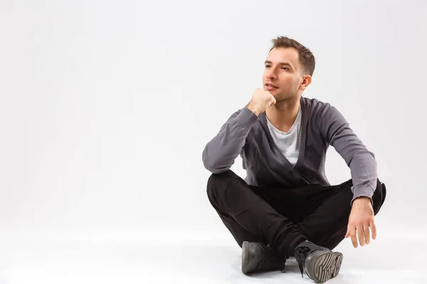 stock image man thinking over gray background