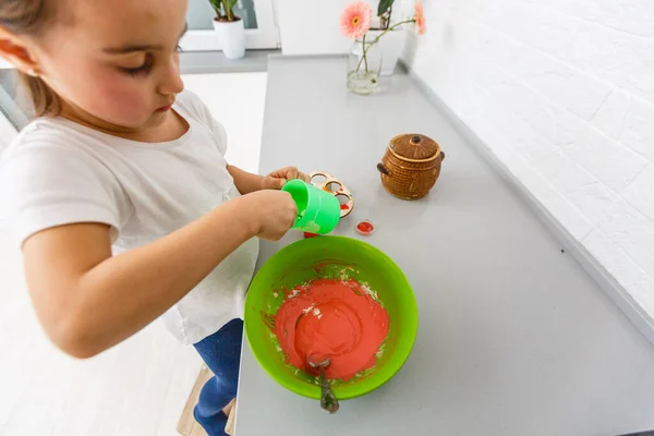 Little Girl Kneads Colored Dough Make Homemade Plasticine — Stock Photo, Image