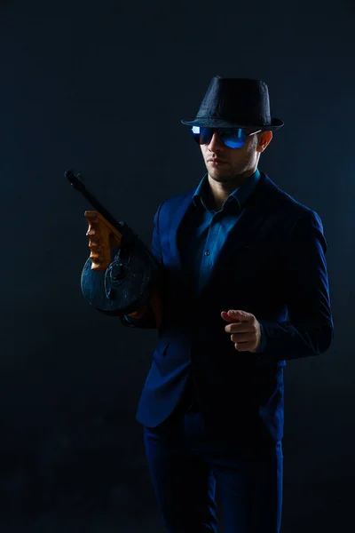 Mature Business Man Holding Gun Dark Background — 图库照片