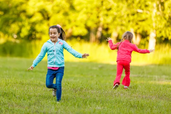 Két Kislány Sétál Mezőn — Stock Fotó