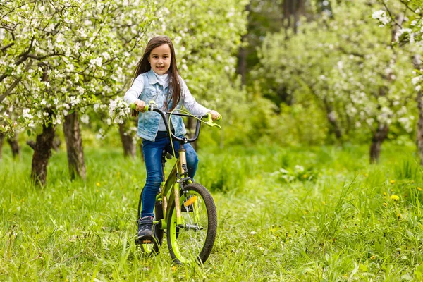 Niña Con Bicicleta Cerca Del Árbol Con Flores — Foto de Stock