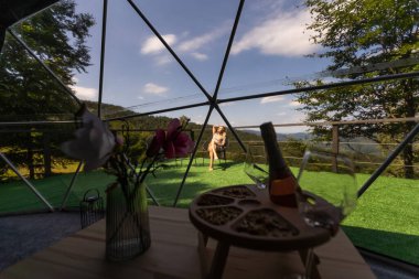 Güzel genç kız dinleniyor ve güneşin tadını çıkarıyor. Yavaş yaşam, huzurlu bir an, akıl sağlığı. Arka bahçe teras tatili