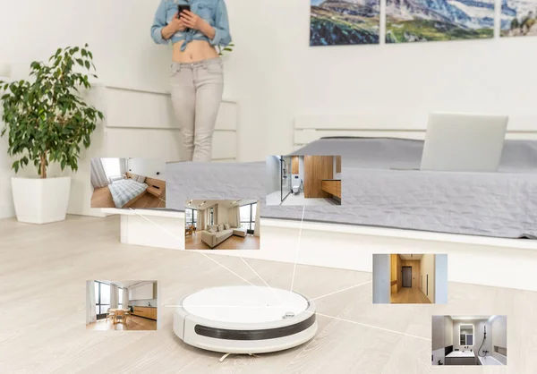 Applicazione Smart Home Sul Pavimento Robot Aspirapolvere Background Nel Moderno — Foto Stock