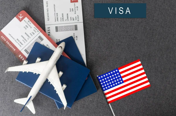 Flag United States Passport Toy Airplane Wooden Background Flight Travel — Zdjęcie stockowe