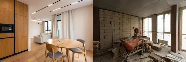 Renovierung Des Wohnzimmers Vor Und Nach Der Wohnungseinrichtung — Stockfoto