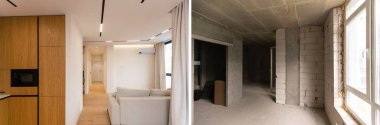 Yenilenmiş mermer zemini olan yeni bir daireyle zemin altı ısıtma boruları olan eski bir evin karşılaştırması. Restorasyondan önce ve sonra şık tasarımı olan modern boş bir daire. Ev yenileme kavramı