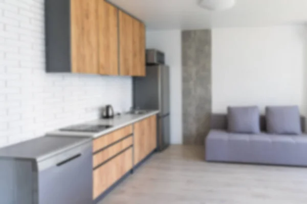 Verschwommener Blick Auf Die Moderne Kücheneinrichtung Mit Weißen Möbeln Hochwertiges — Stockfoto