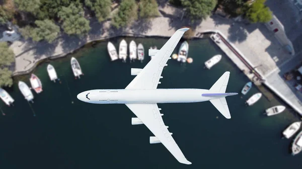 Repülőgép Repül Strand Felett Pálmafa Fehér Homok Türkiz Óceán — Stock Fotó