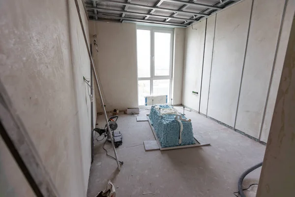 Drywall Pared Decoración Interior Del Hogar Sitio Construcción Con Espacio — Foto de Stock