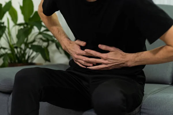 Unhappy Man Suffering Stomach Ache Home High Quality Photo — Stock Photo, Image