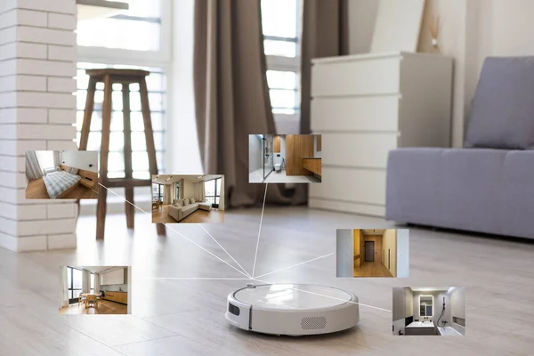 Modern Oturma Odasının Arka Planında Robot Süpürge Zemininde Akıllı Uygulaması — Stok fotoğraf