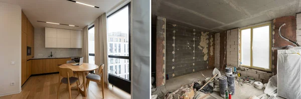 Σύγκριση Πρόσφατα Ανακαινισμένο Διαμέρισμα Μαρμάρινο Δάπεδο Παλιό Χώρο Ενδοδαπέδια Θέρμανση — Φωτογραφία Αρχείου