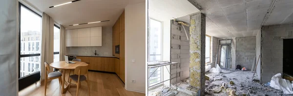 Porównanie Świeżo Wyremontowanego Mieszkania Marmurową Podłogą Starego Miejsca Rurami Grzewczymi — Zdjęcie stockowe