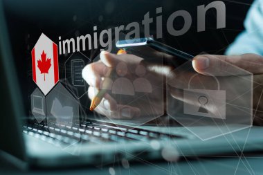 Concept of immigration to Canada with virtual button pressing. clipart