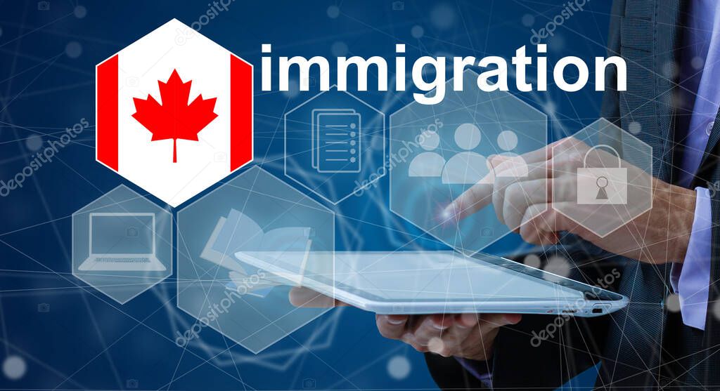 Concept of immigration to Canada with virtual button pressing.