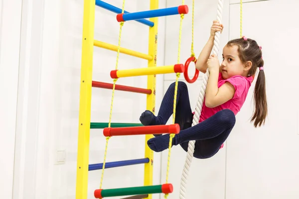 Children Activity Concepts Little Caucasian Girl Having Stretching Exercises Wall — Fotografia de Stock