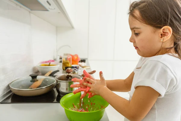 Little Girl Makes Colored Dough Her Hands — Foto Stock