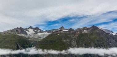 İsviçre Alplerinde çiçek tarlasıyla yürüyüş yapmak ve arka planda Matterhorn zirvesi