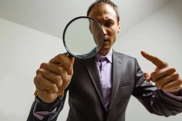 Man Hand Holding Magnifying Glass Data Search Analysis Conducting Research — Stock Photo, Image