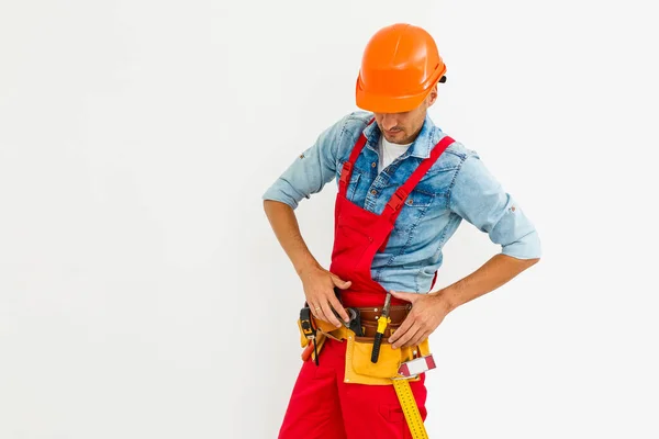 Profession Construction Building Happy Smiling Male Worker Builder Helmet White — Stock Photo, Image