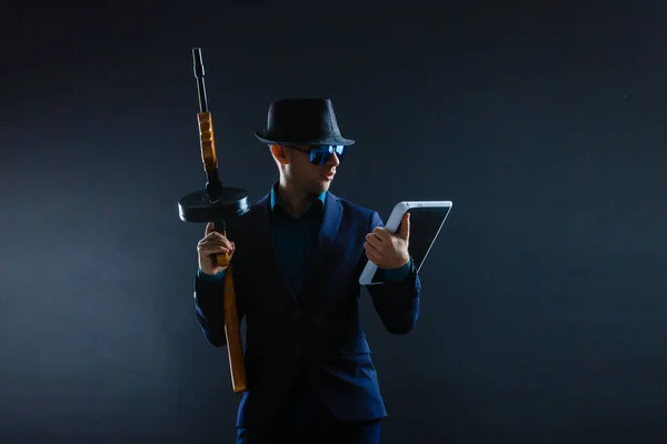 Mature Business Man Holding Gun Dark Background — Zdjęcie stockowe