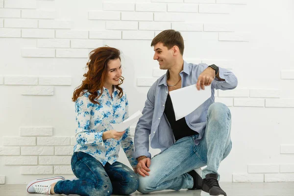 Smiling Husband Wife Sit Taking Care Utility Bills House Maintenance — Zdjęcie stockowe