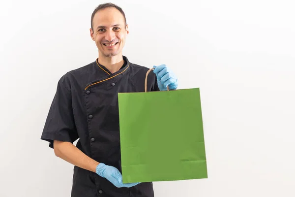 Delivery Man Employee Shirt Uniform Glove Hold Craft Paper Packet — стоковое фото
