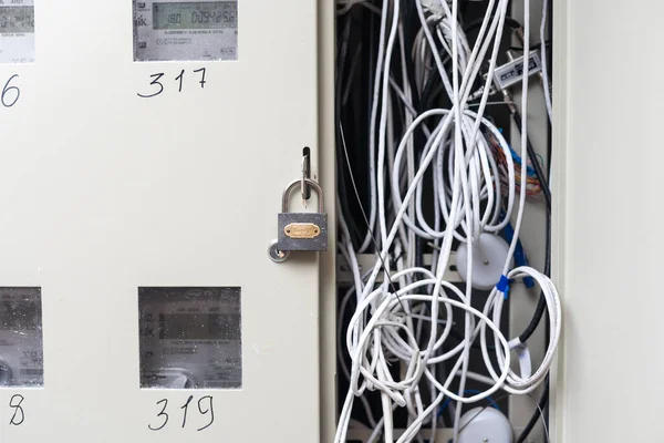 Electric Cabinet Internet Television Cables Apartment Building Niche Wires Cables —  Fotos de Stock