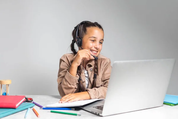 Online Education Cute Little Girl Study Home Laptop Wireless Headphones — Stock Photo, Image