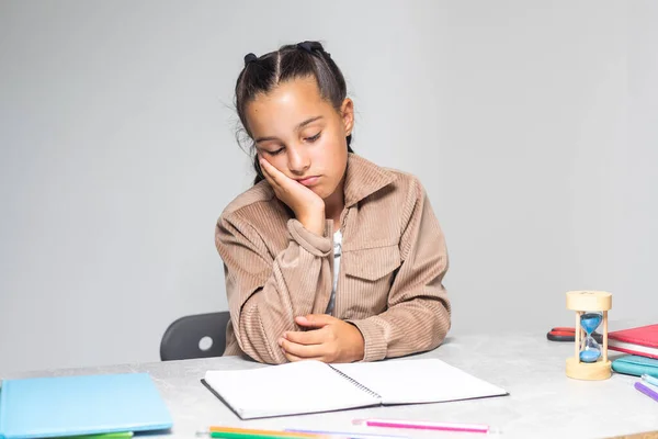 Pretty Little Girl Tired Doing Homework Table — Stock Fotó