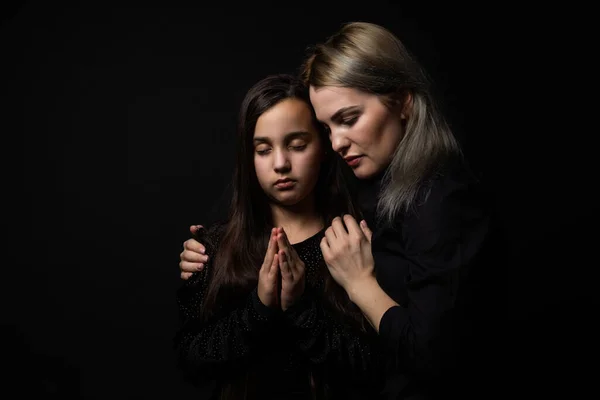 Religious Christian Girl Her Mother Praying —  Fotos de Stock