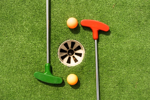 Mini Golf Clubs Balls Different Colors Laid Artificial Grass — Stock Fotó