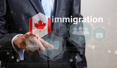 Concept of immigration to Canada with virtual button pressing. clipart