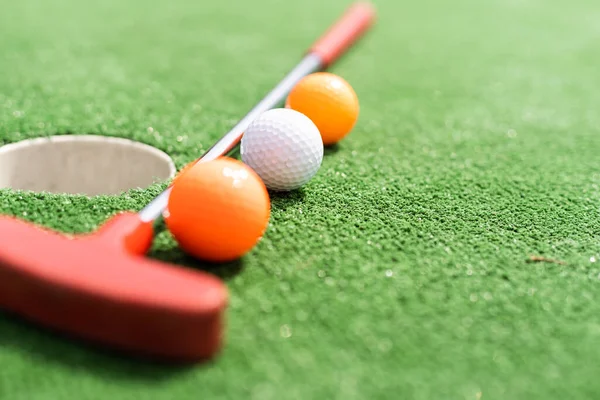 Mini Golf Clubs Balls Different Colors Laid Artificial Grass — Fotografia de Stock