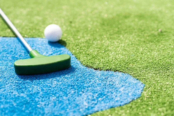 Mini Golf Clubs Balls Different Colors Laid Artificial Grass — ストック写真