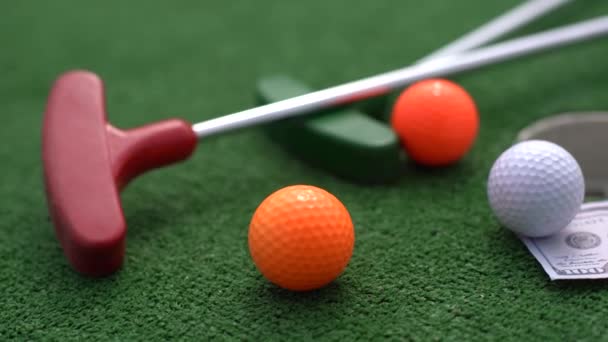 Mini Golf Clubs Balls Different Colors Laid Artificial Grass — Stock Video