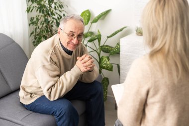 Caregiver psychologist console american senior people for mental health, geriatric psychology, Depressed senior man talking with female psychologist, desperate people, emotions sad, elderly worry,