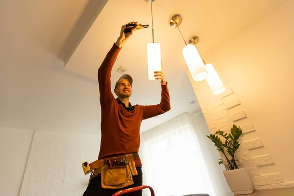 Electrician Worker Installation Electric Lamps Light Apartment Construction Decoration Concept — Stock Photo, Image