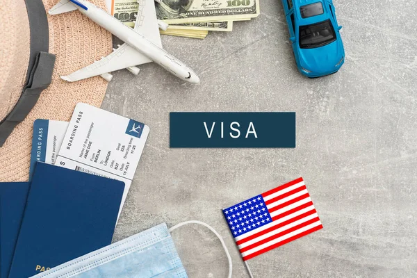 Flag United States Passport Toy Airplane Wooden Background Flight Travel — Stock Photo, Image