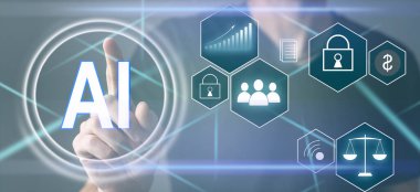 Bulanık arkaplan dijital yapay zeka ikonu hologramı 3D görüntüleme.