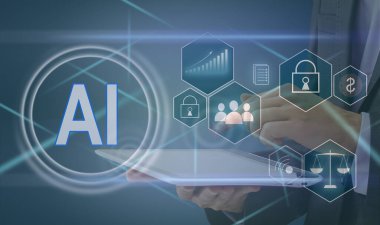 Ai teknolojisi. Lab üstü dokunuşlar ve sanal ekran beyaz simgeleri kullanan bir işadamı